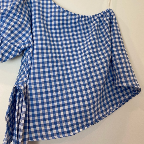 EEUC ROMWE One Shoulder Puff Sleeve Gingham Top - Picture 6 of 13